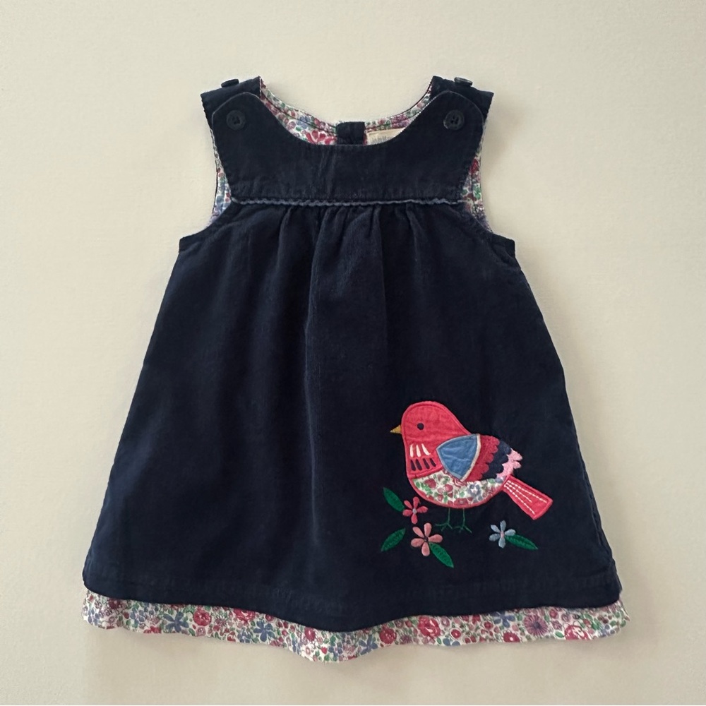 JoJo Maman Bebe 6-12 Months Baby Girl Corduroy Jumper Dress Floral Trim Bird